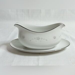 Vintage Sango China “JULIE” Gray Roses 6184  Gravy Boat Attached Underplate